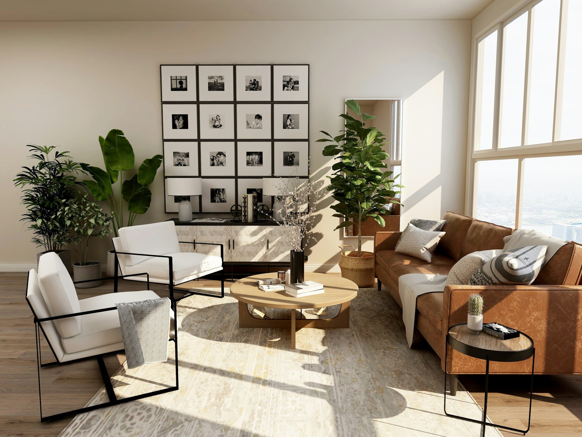 Bright sitting room with a gallery wall, plants and leather sofa beside tall windows