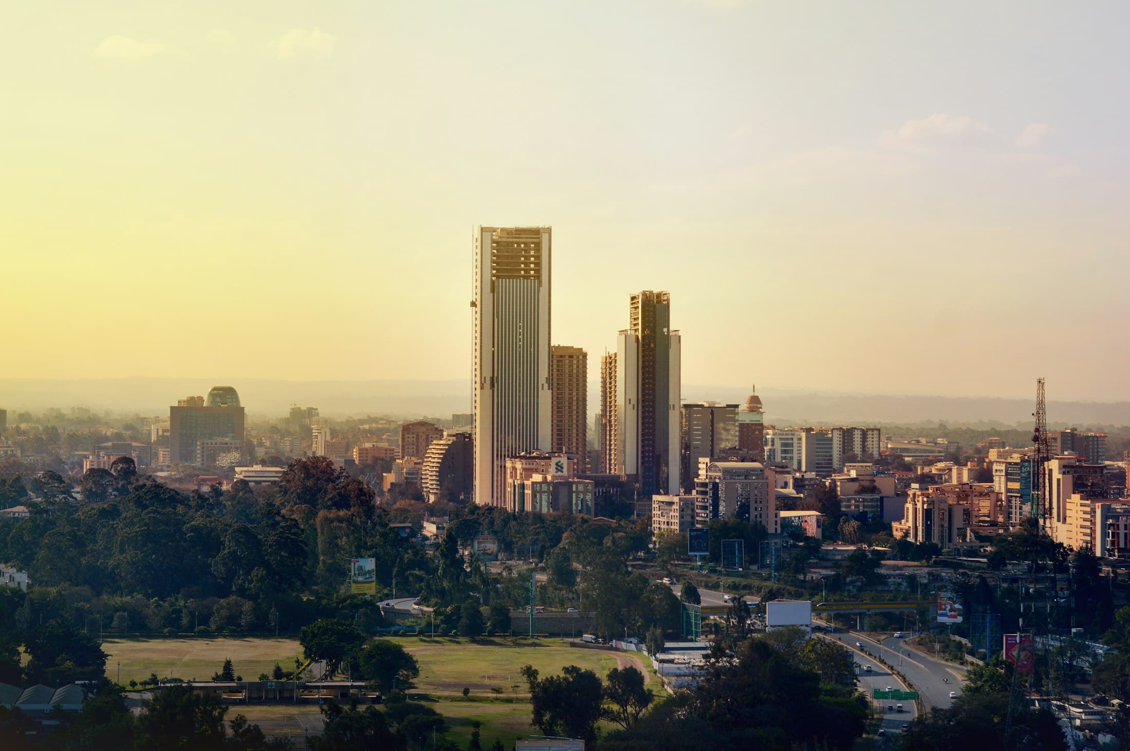 City skyline at sunrise seen across a band of green trees